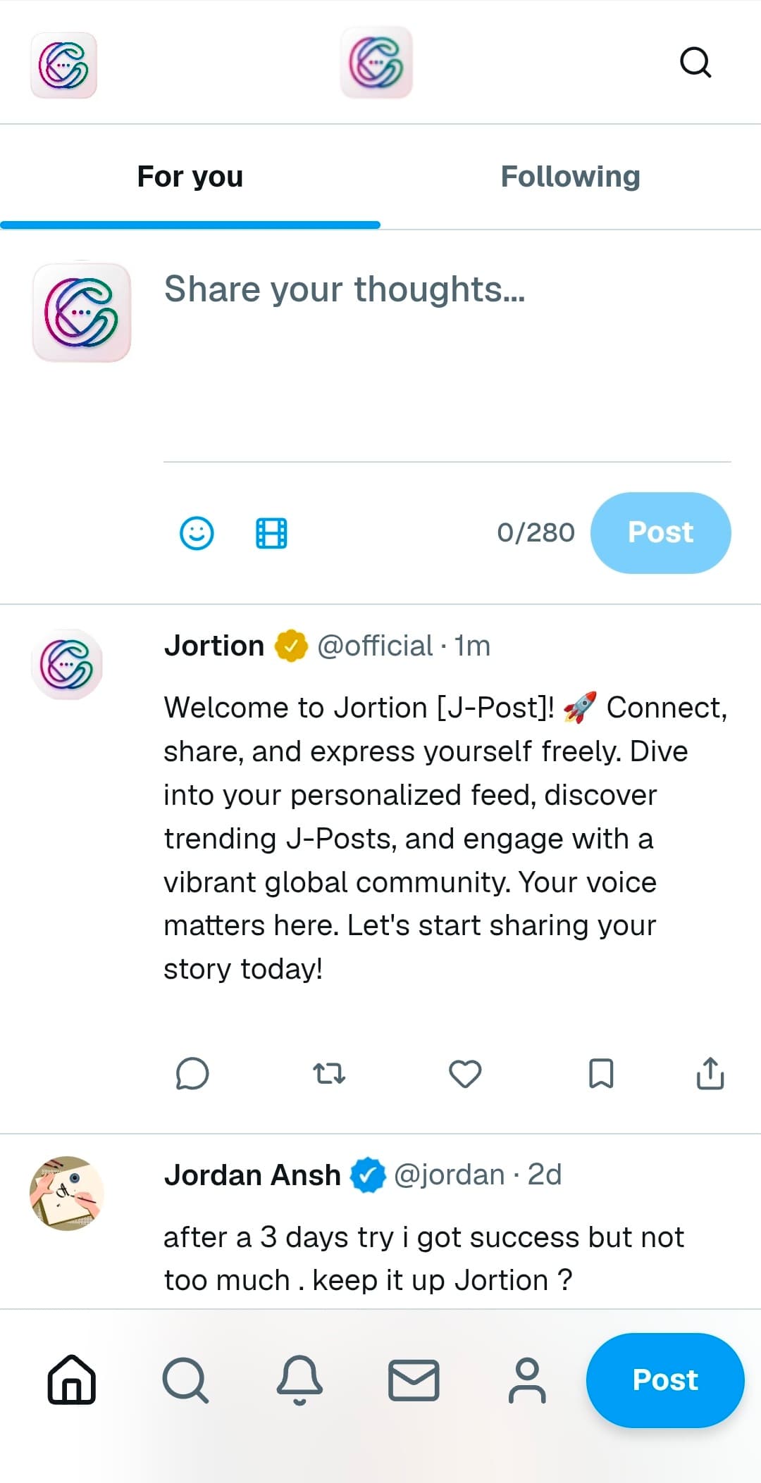Jortion homepage showing feed with posts